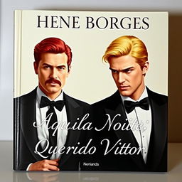 two elegant men, one with red hair and a mustache, the other with blonde hair, both depicted realistically on the book cover of 'Aquela Noite: Querido Vitor' by Hene Borges