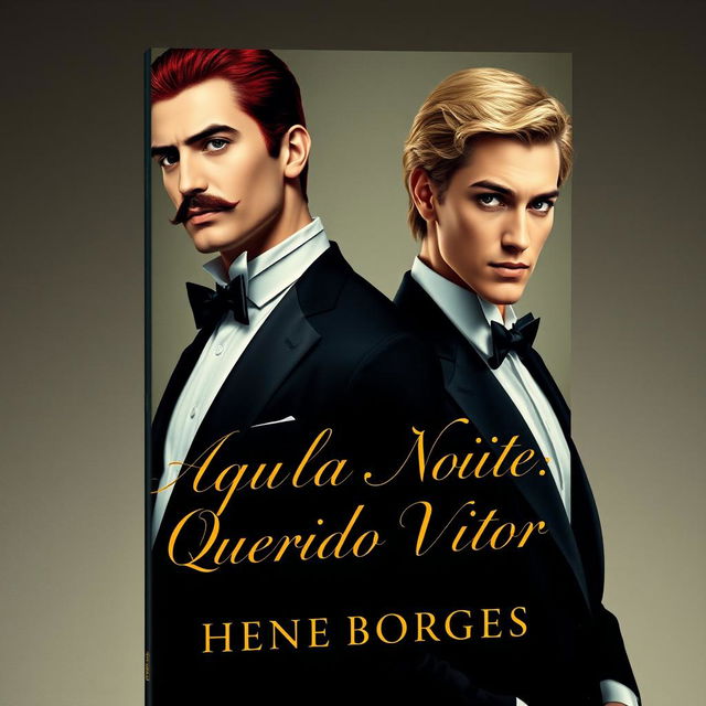 two elegant men, one with red hair and a mustache, the other with blonde hair, both depicted realistically on the book cover of 'Aquela Noite: Querido Vitor' by Hene Borges