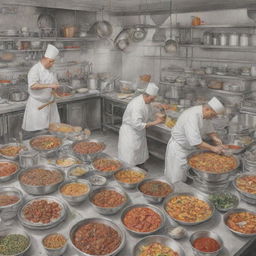 A detailed, well-crafted drawing illustrating a culinary scene with chefs preparing food, ingredients scattered around a kitchen, and beautifully presented dishes awaiting to be served.