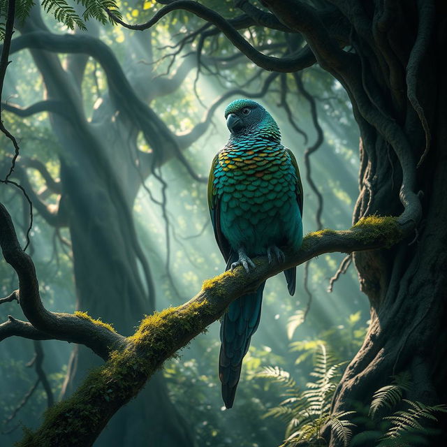 A magnificent bird with an exquisite plumage pattern, perched gracefully on a moss-covered branch deep within an enchanted forest