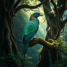 A magnificent bird with an exquisite plumage pattern, perched gracefully on a moss-covered branch deep within an enchanted forest