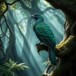 A magnificent bird with an exquisite plumage pattern, perched gracefully on a moss-covered branch deep within an enchanted forest