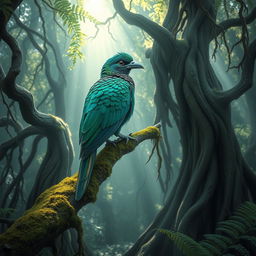 A magnificent bird with an exquisite plumage pattern, perched gracefully on a moss-covered branch deep within an enchanted forest