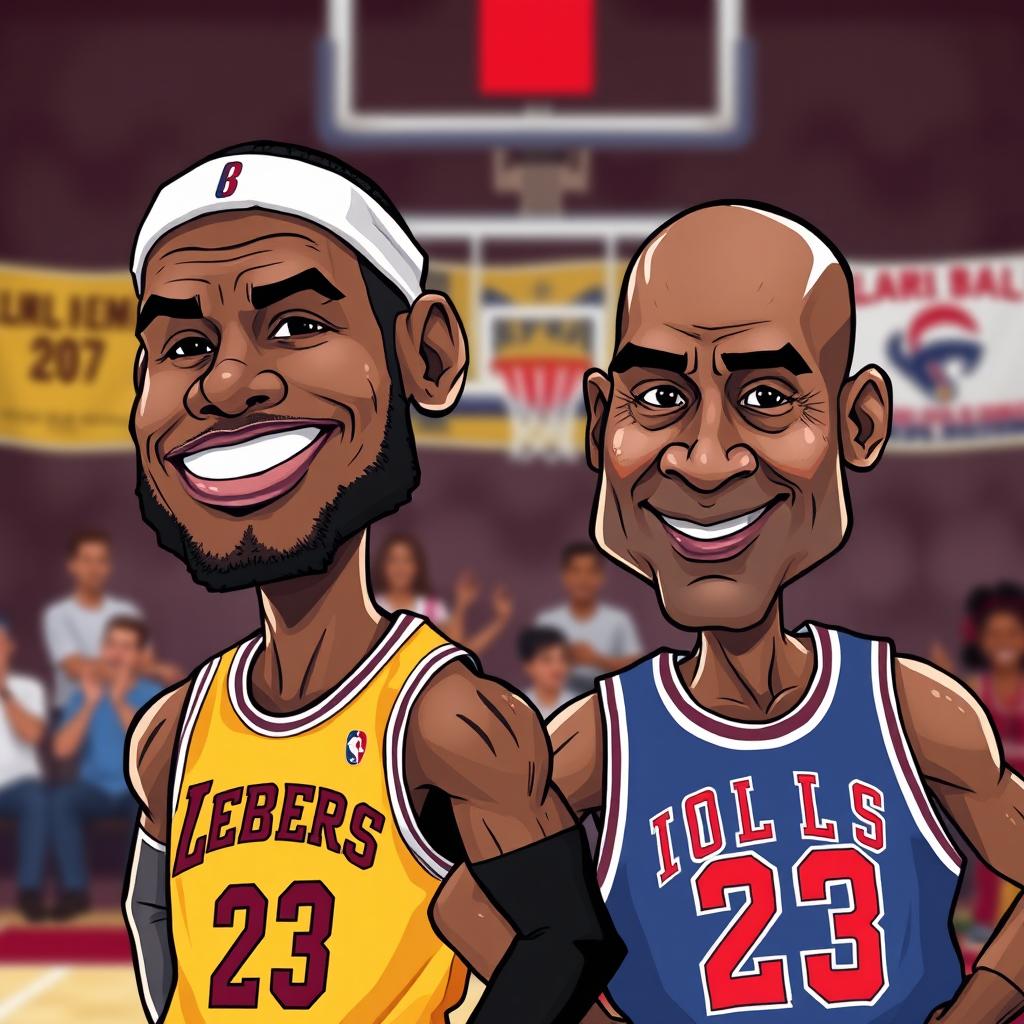 A fun and lively image depicting caricatures of two basketball legends: LeBron James with his iconic headband and muscular build, and Michael Jordan with his famous bald head and determined expression