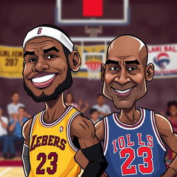 A fun and lively image depicting caricatures of two basketball legends: LeBron James with his iconic headband and muscular build, and Michael Jordan with his famous bald head and determined expression