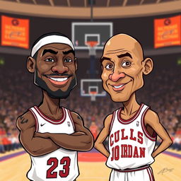 A fun and lively image depicting caricatures of two basketball legends: LeBron James with his iconic headband and muscular build, and Michael Jordan with his famous bald head and determined expression