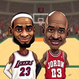 A fun and lively image depicting caricatures of two basketball legends: LeBron James with his iconic headband and muscular build, and Michael Jordan with his famous bald head and determined expression