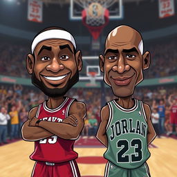 A fun and lively image depicting caricatures of two basketball legends: LeBron James with his iconic headband and muscular build, and Michael Jordan with his famous bald head and determined expression