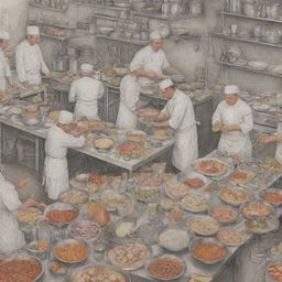 A detailed, well-crafted drawing illustrating a culinary scene with chefs preparing food, ingredients scattered around a kitchen, and beautifully presented dishes awaiting to be served.