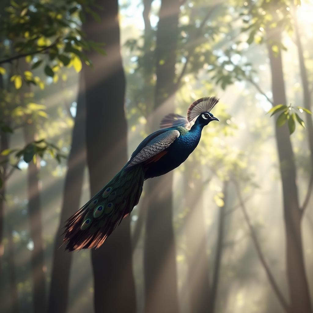 A vibrant bird with a striking pattern of peacock feathers gracefully gliding through a sunlit forest