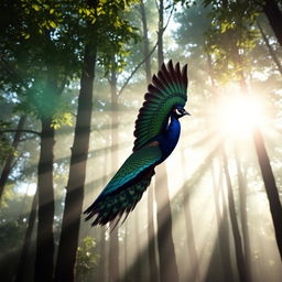 A vibrant bird with a striking pattern of peacock feathers gracefully gliding through a sunlit forest