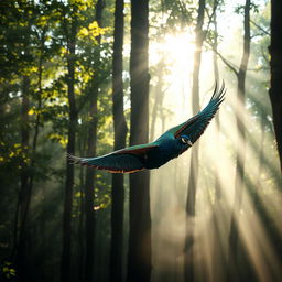 A vibrant bird with a striking pattern of peacock feathers gracefully gliding through a sunlit forest