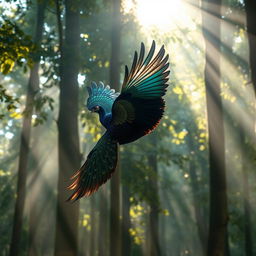 A vibrant bird with a striking pattern of peacock feathers gracefully gliding through a sunlit forest