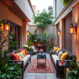 A beautifully adorned narrow terrace, enclosed on both sides with stylish partitions