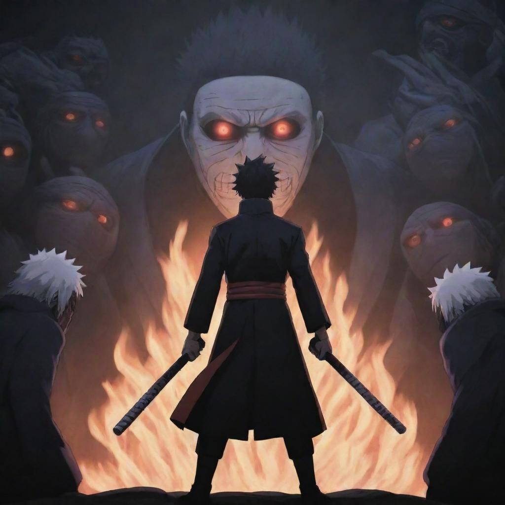 An intimidating scene of Obito Uchiha from Naruto, standing majestically while several menacing demons bow down before him.