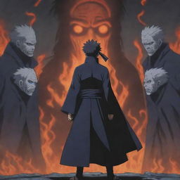 An intimidating scene of Obito Uchiha from Naruto, standing majestically while several menacing demons bow down before him.