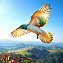 A majestic bird with opalescent feathers, soaring effortlessly across a clear azure sky