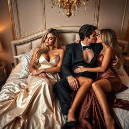 In a softly lit bedroom, two sexy couples indulge in an opulent and romantic double date, with palpable passion as they recline on a sumptuous bed