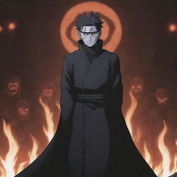 An intimidating scene of Obito Uchiha from Naruto, standing majestically while several menacing demons bow down before him.