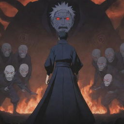 An intimidating scene of Obito Uchiha from Naruto, standing majestically while several menacing demons bow down before him.