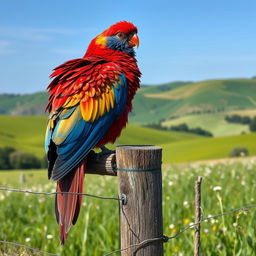 A majestic bird with vibrant, multicolored plumage, perched atop a rustic wooden fence in a picturesque countryside setting