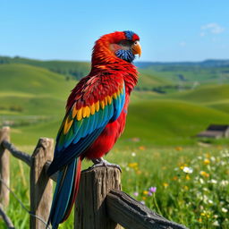 A majestic bird with vibrant, multicolored plumage, perched atop a rustic wooden fence in a picturesque countryside setting