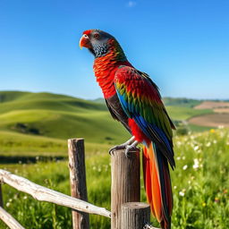 A majestic bird with vibrant, multicolored plumage, perched atop a rustic wooden fence in a picturesque countryside setting