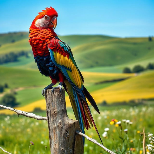 A majestic bird with vibrant, multicolored plumage, perched atop a rustic wooden fence in a picturesque countryside setting