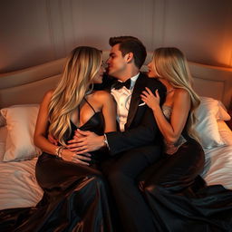 In a softly lit bedroom, two sexy couples engage in a glamorous and intimate double date, with a palpable sense of passion as they lie entwined on a luxurious bed