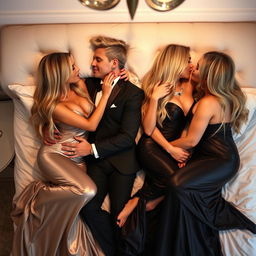 In a softly lit bedroom, two sexy couples engage in a glamorous and intimate double date, with a palpable sense of passion as they lie entwined on a luxurious bed