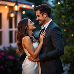 A handsome man and a beautiful woman, standing together in a charming and romantic setting, both dressed elegantly