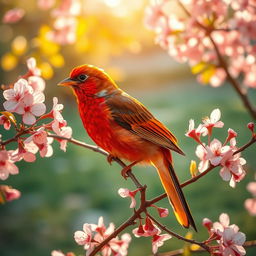 A resplendent bird with a radiant plumage of fiery reds and oranges, resting on a delicate cherry blossom branch