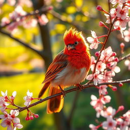 A resplendent bird with a radiant plumage of fiery reds and oranges, resting on a delicate cherry blossom branch