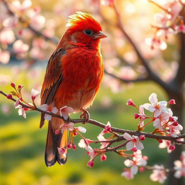 A resplendent bird with a radiant plumage of fiery reds and oranges, resting on a delicate cherry blossom branch