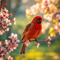 A resplendent bird with a radiant plumage of fiery reds and oranges, resting on a delicate cherry blossom branch