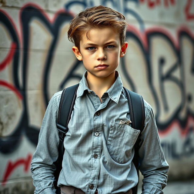 a rebellious school student, wearing a slightly disheveled school uniform, with a confident and defiant expression