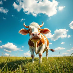 a mischievous cow in a field, playful and energetic, with a bright blue sky and fluffy white clouds, green grass swaying gently in the breeze, the cow with a cheeky expression as if planning a playful prank, the sun casting a warm glow over the scene