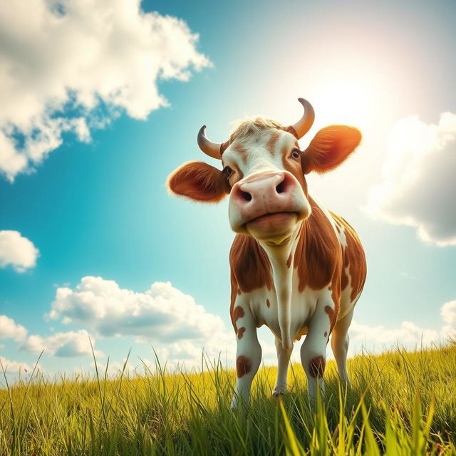 a mischievous cow in a field, playful and energetic, with a bright blue sky and fluffy white clouds, green grass swaying gently in the breeze, the cow with a cheeky expression as if planning a playful prank, the sun casting a warm glow over the scene