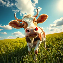 a mischievous cow in a field, playful and energetic, with a bright blue sky and fluffy white clouds, green grass swaying gently in the breeze, the cow with a cheeky expression as if planning a playful prank, the sun casting a warm glow over the scene