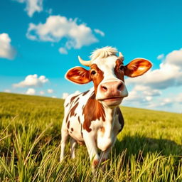 a mischievous cow in a field, playful and energetic, with a bright blue sky and fluffy white clouds, green grass swaying gently in the breeze, the cow with a cheeky expression as if planning a playful prank, the sun casting a warm glow over the scene