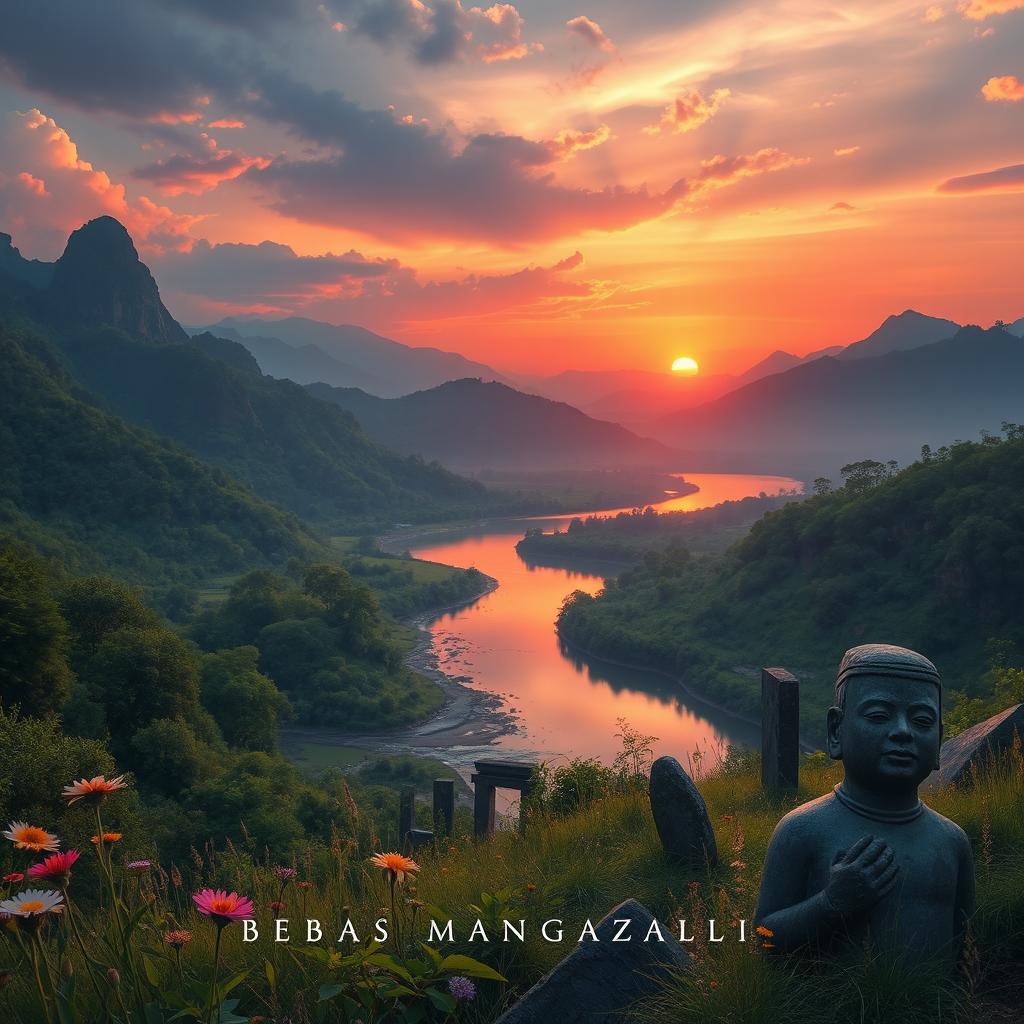 a beautiful depiction of "Bebas Manggazali", imagined as a serene and mystical landscape with lush green vegetation, mountains in the distant background, a tranquil river flowing through the scene, a sunset casting an orange and pink glow across the sky, reflecting off the water