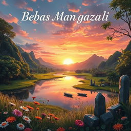 a beautiful depiction of "Bebas Manggazali", imagined as a serene and mystical landscape with lush green vegetation, mountains in the distant background, a tranquil river flowing through the scene, a sunset casting an orange and pink glow across the sky, reflecting off the water