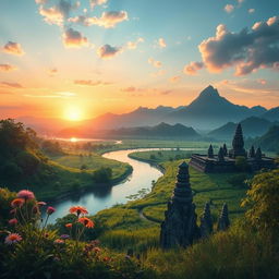 a beautiful depiction of "Bebas Manggazali", imagined as a serene and mystical landscape with lush green vegetation, mountains in the distant background, a tranquil river flowing through the scene, a sunset casting an orange and pink glow across the sky, reflecting off the water