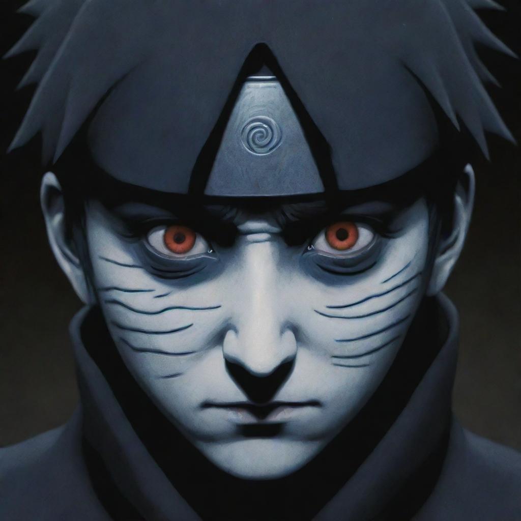 A eerie and creepy depiction of Obito Uchiha from Naruto, with haunting eyes and an unsettling aura.