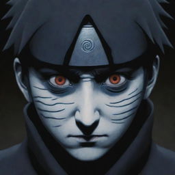 A eerie and creepy depiction of Obito Uchiha from Naruto, with haunting eyes and an unsettling aura.