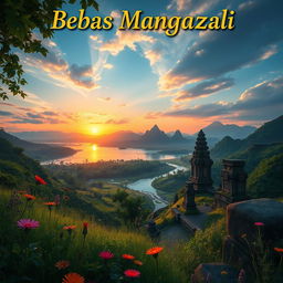 a beautiful depiction of "Bebas Manggazali", imagined as a serene and mystical landscape with lush green vegetation, mountains in the distant background, a tranquil river flowing through the scene, a sunset casting an orange and pink glow across the sky, reflecting off the water