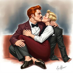 A realistic drawing of two elegant men from the 1950s