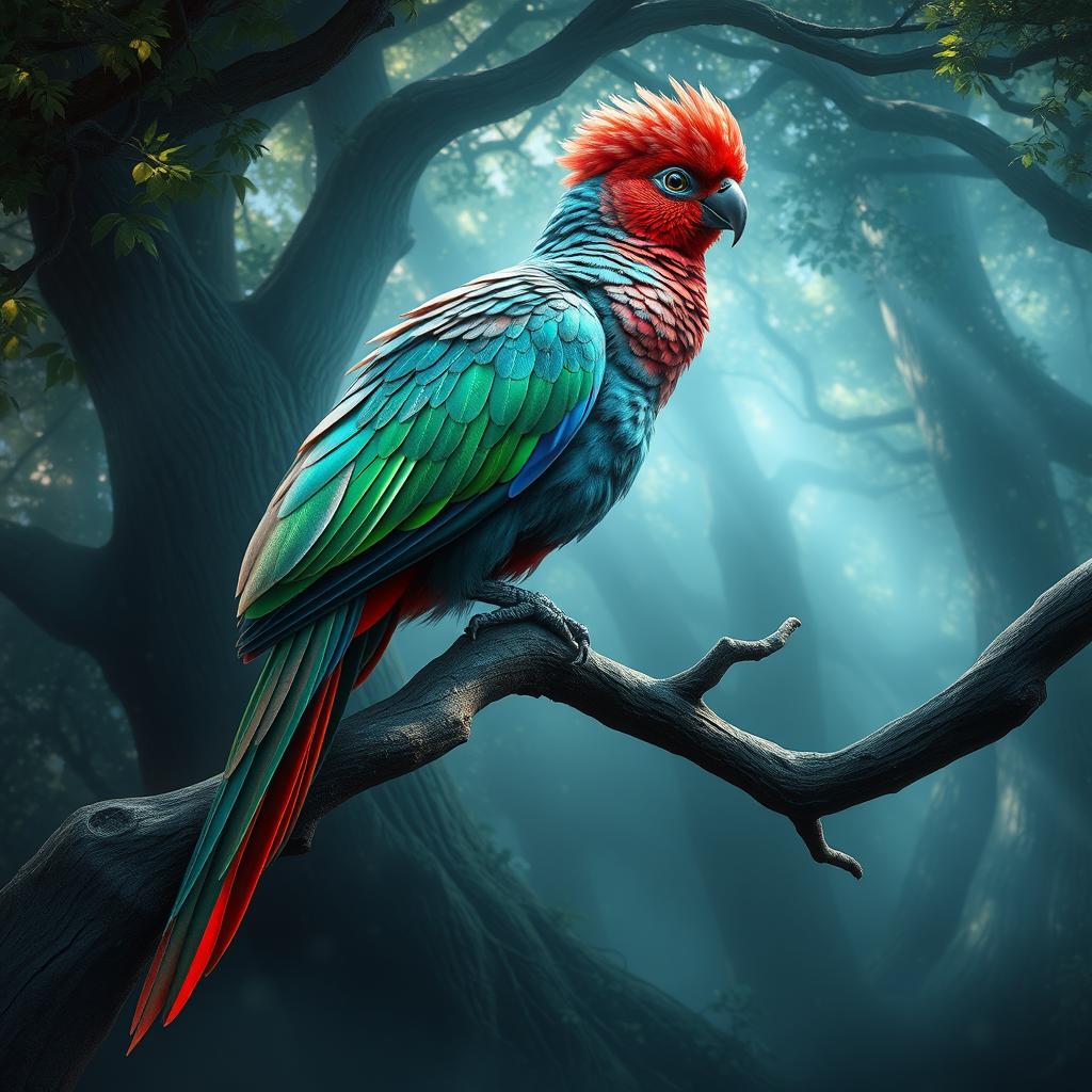 A majestic bird with opalescent feathers, perched elegantly on an ancient twisted tree branch