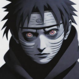 A eerie and creepy depiction of Obito Uchiha from Naruto, with haunting eyes and an unsettling aura.