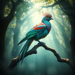 A majestic bird with opalescent feathers, perched elegantly on an ancient twisted tree branch